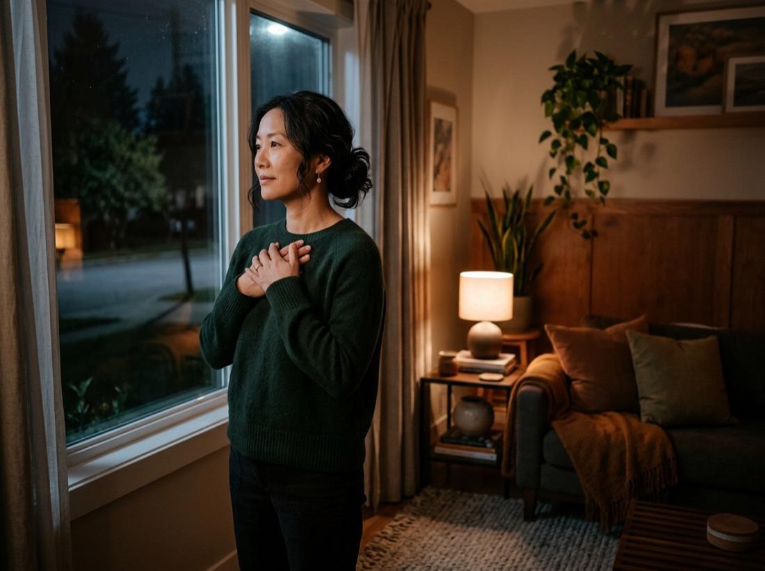 A woman pausing by a sunlit window at dusk, hand resting on her chest