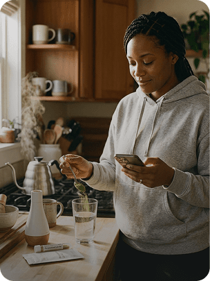 A woman preparing a drink while looking at her phone in a kitchen