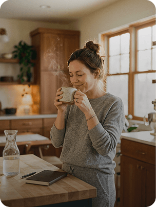 A woman drinking from a mug in a warm kitchen