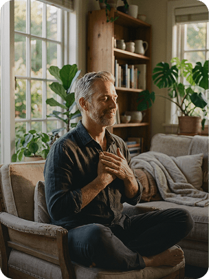A man meditating on a couch in a sunlit living room