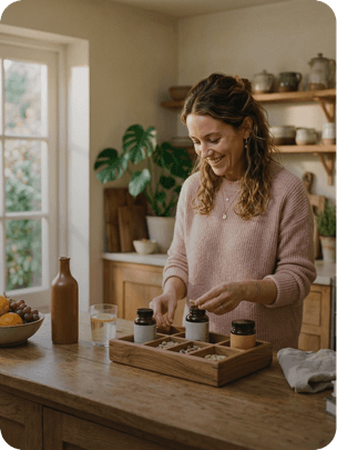 A woman organizing practitioner-grade supplements in a sunlit kitchen