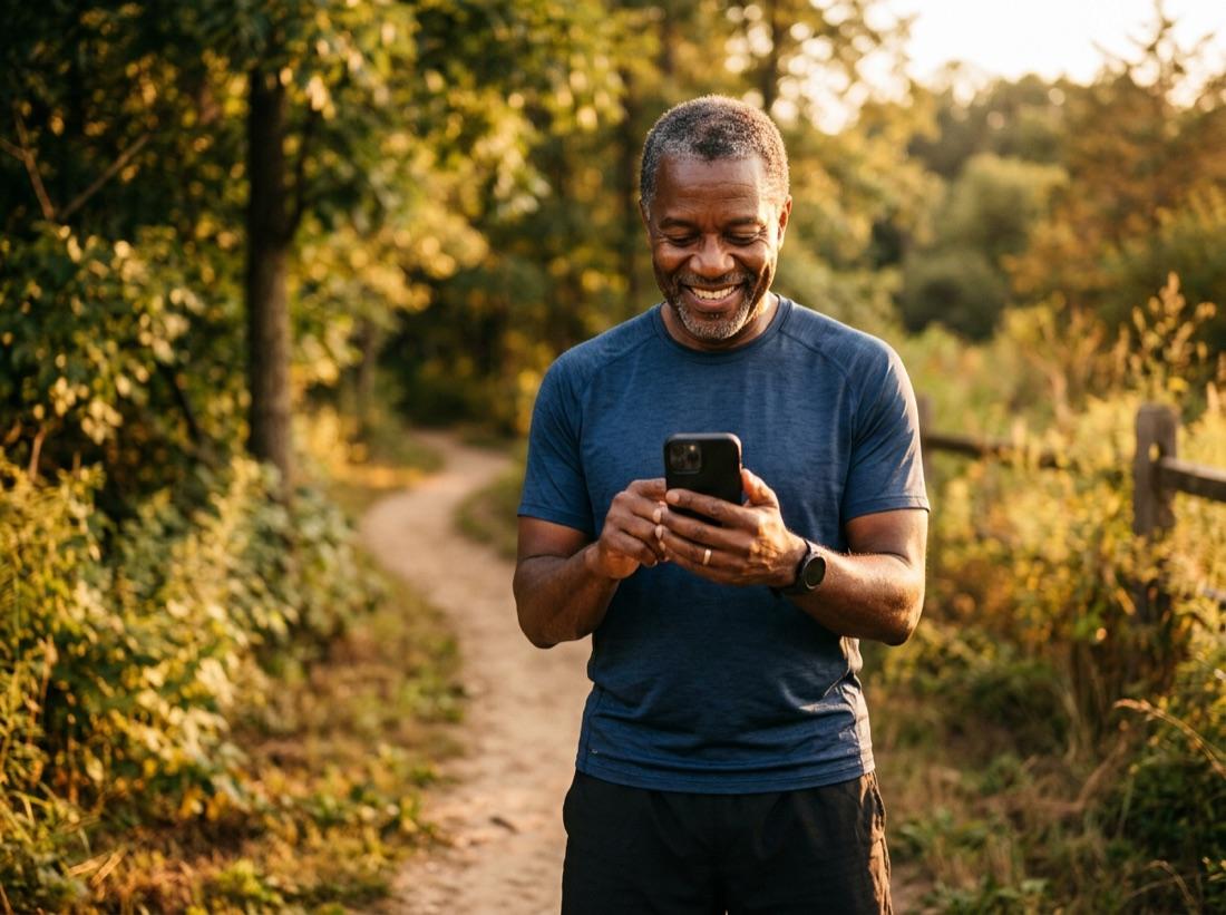 A man smiling at his phone on a wooded trail in autumn light