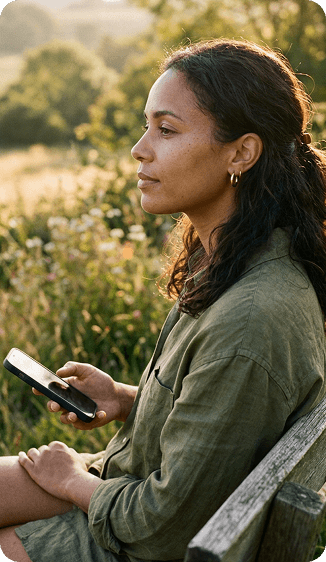 A woman sitting in a sunlit meadow holding her phone