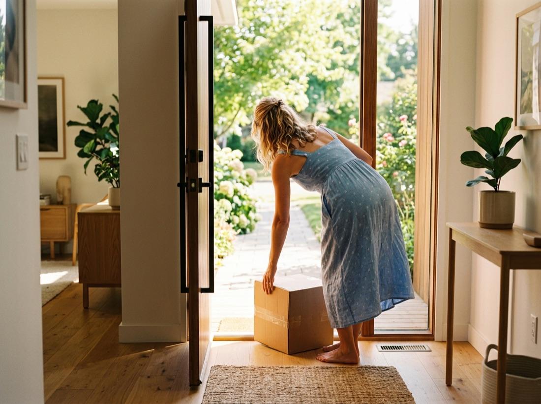 A woman collecting a delivery at her sunlit front door